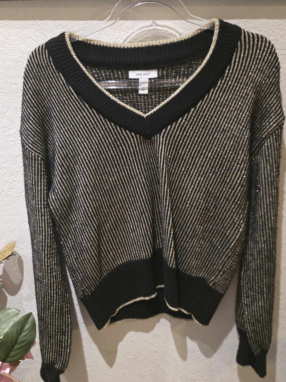 Nine West Black and Gold Striped V-Neck Sweater